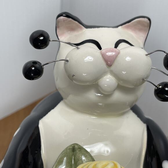 Vintage Amy Lacombe Cat Figurine Black White Polka Dot Flower 2001 Whimsiclay - Picture 7 of 10